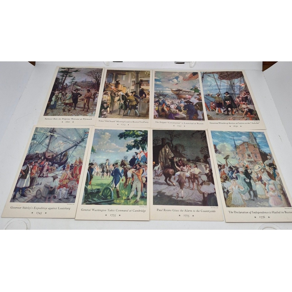 Vintage American History Postcard Set Charles Hoffbauer Murals Boston 8 Cards